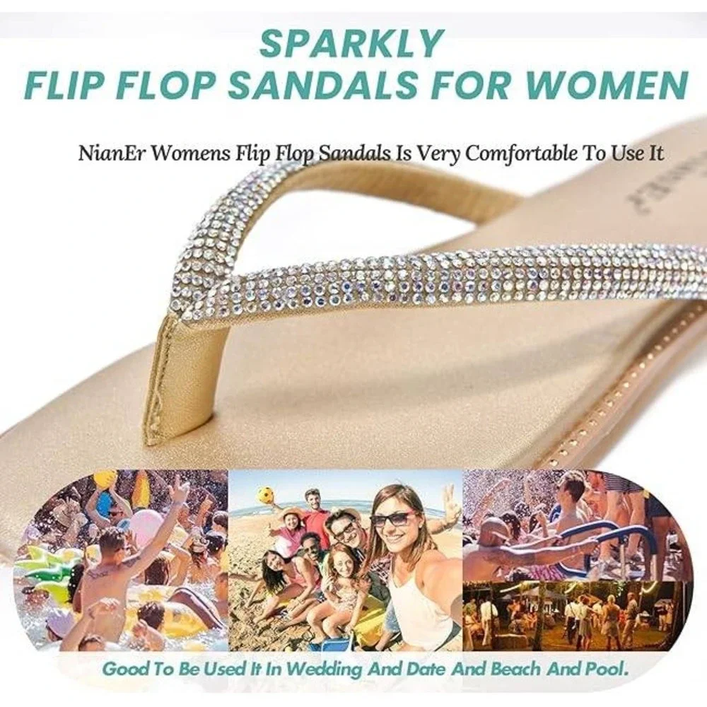 Women Rhinestone Silver Flip Flops Sparkly Comfortable Sandals Size 6-New in Box